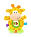 Cute yellow giraffe rattle doll with plastic rings isolated on white background with shadow reflection. Playful colorful giraffe Royalty Free Stock Photo