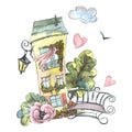 Cute, yellow house, European with a bench, a lantern, anemone flowers, trees, clouds and hearts. Watercolor illustration