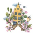 A cute, yellow house with trees, a bridge, a lantern, a pigeon, clouds and apple blossoms. Watercolor illustration