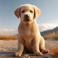 a cute yellow labrador puppy is sitting on the ground