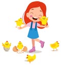 Cute yellow little chicks and boy Royalty Free Stock Photo