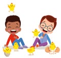 Cute yellow little chicks and boy Royalty Free Stock Photo