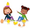 Cute yellow little chicks and boy Royalty Free Stock Photo