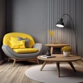 Cute yellow lounge chair near round wooden coffee table and gray Royalty Free Stock Photo