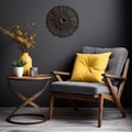 Cute yellow lounge chair near round wooden coffee table and gray Royalty Free Stock Photo