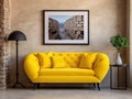 Cute yellow loveseat sofa and round stone side table against of stucco wall with poster frame Interior design