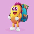 Cute yellow monster carrying a schoolbag, backpack, back to school