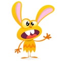 Cute yellow monster rabbit. Halloween vector bunny monster with big ears waving. on white