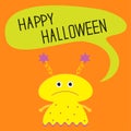 Cute yellow monster with speech text bubble. Happy Halloween card. Flat design.