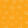 Yellow rain clothes seamless pattern. Umbrella, rain coat and boots background print