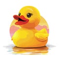 Cute yellow rubber duck on the water. Cartoon vector illustration.