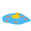 Cute yellow rubber duck in water with tangerines vector illustration