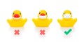 Cute yellow rubber ducks in face masks on white background Royalty Free Stock Photo