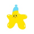 Cute yellow smiling vector little star in blue hat isolated on white background vector illustration. Doodle Royalty Free Stock Photo