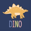 Cute yellow stegosaurus and DINO lettering isolated on blue background