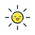 Cute yellow sun smiles on a white background. Icon on a white background.