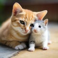 Cute yellow tabby cat and rat friends. Lovely pets