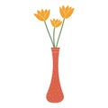 Cute yellow tulip flower in red vase isolated on white background. Spring concept. Royalty Free Stock Photo