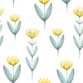 Cute yellow tulips. Branch of flowers on a white background. Fresh spring print with opened tulips for print, fabric, textile, wal