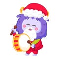 Cute Yeti or Bigfoot character in santa claus costume playing drum in cartoon style Royalty Free Stock Photo