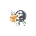 Cute yin yang cartoon character having a box