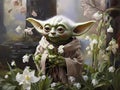 Cute Yoda in the forest with snowdrops