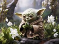 Cute Yoda in the forest with snowdrops