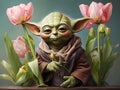 Cute Yoda surrounded by tulips