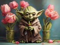 Cute Yoda surrounded by tulips