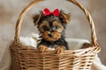 Cute Yorkshire puppy with red bow in basket, rustic brick wall on background
