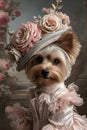 Cute Yorkshire Terrier dog in a dress and hat in the Baroque style