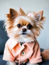 cute Yorkshire terrier dog dressed in peach colored clothes Royalty Free Stock Photo