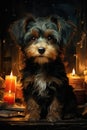 Cute Yorkshire Terrier dog next to Christmas candles, Christmas lights. AI generating Royalty Free Stock Photo