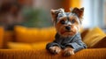 Cute Yorkshire Terrier dog in a cute suit on yellow sofa