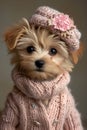 Cute Yorkshire Terrier dog wearing a cute sweater. Dog fashion