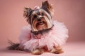 cute yorkshire terrier puppy wearing light pink tutu skirt on pastel beige background. Royalty Free Stock Photo