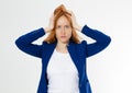 Cute, young beautiful red hair woman do facepalm. Redhead suffer girl headache failed to upset business face palm. Portrait of Royalty Free Stock Photo