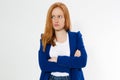 Cute, young beautiful red hair woman do facepalm. Redhead suffer girl headache failed to upset business face palm. Portrait of Royalty Free Stock Photo