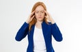 Cute, young beautiful red hair woman do facepalm. Redhead suffer girl headache failed to upset business face palm. Portrait of Royalty Free Stock Photo