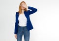 Cute, young beautiful red hair woman do facepalm. Redhead suffer girl headache failed to upset business face palm. Portrait of Royalty Free Stock Photo