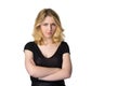 Cute young blond girl, mock sadness - humorous concept, isolated Royalty Free Stock Photo