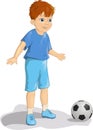 Cute young boy football or soccer player in blue uniform with ball cartoon vector illustration