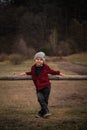 Cute young boy holding a log in the spring garden