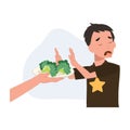 cute young boy,kid do not want to eat vegetable, broccoli. children hate vegetables. Flat vector cartoon illustration