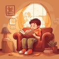 A cute young boy read a book on the sofa in his house generative AI Royalty Free Stock Photo