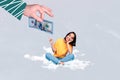 Cute young business lady sitting dreamy clouds pointing finger banknote dollar become rich collect more isolated on grey Royalty Free Stock Photo