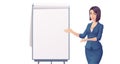 Cute young business woman in blue clothes, pointing at empty flip chart