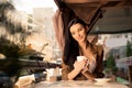 Cute young business woman on lunch with coffee