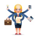 Cute young businesswoman multitasking professional effective office management cartoon character vector illustration