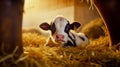 Cute young calf lies in straw. Calf lying in straw inside dairy farm in the barn Royalty Free Stock Photo